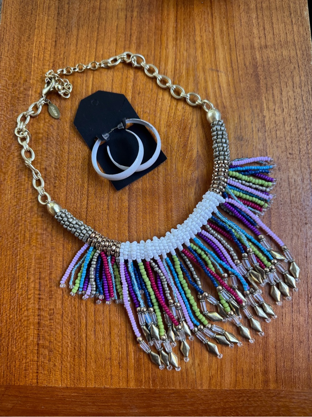 Chico's Gold-Tone Multicolor Seed Bead Fringe Necklace-Metal Hoop Earrings